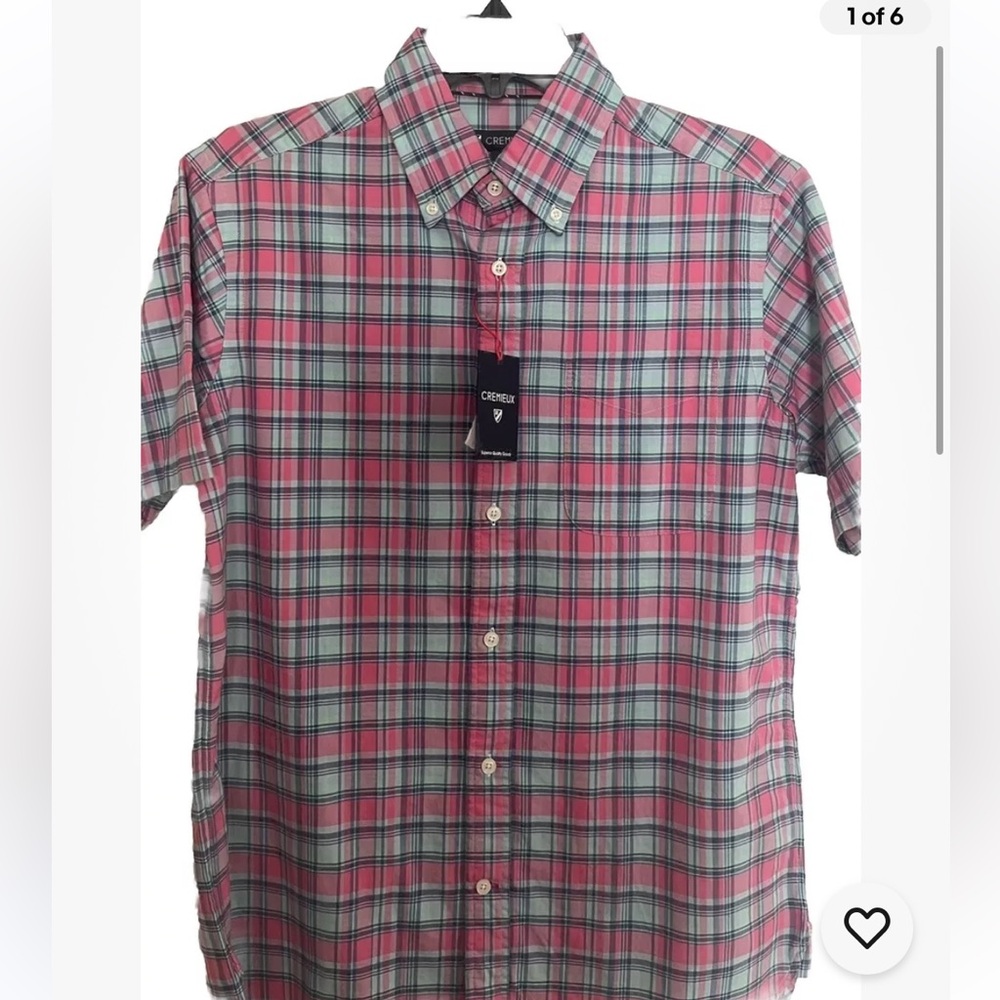 NWT Cremieux Men’s Pink/Mint Plaid Short Slv Buttondown w Front Pkt Size S $75